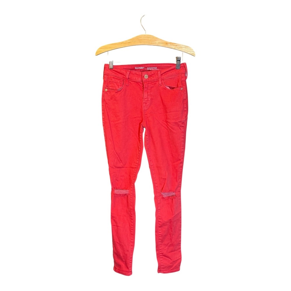 Old Navy Rockstar Mid-Rise Red Distressed Knee Skinny Jeans Womens Size‎ 2